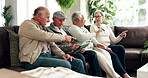 Couch, tablet and elderly friends in conversation in living room together for speaking, support or bonding. Nursing home, technology and senior people in discussion or talking to relax on website