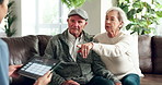 Senior couple, consulting and nurse with tablet for healthcare, daily schedule or routine at home. Man and woman talking to caregiver in elderly care on technology for diet plan or kidney dialysis