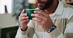 Man, hands and smell coffee in home for peace, drinking espresso and hot beverage on weekend. Male person, relax and inhale steam of matcha or breathing in aroma of tea, calm and camomile scent
