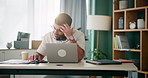 Stress, frustrated or man with laptop in call center overwhelmed by telecom deadline, burnout or remote work. Throwing coffee, headache or annoyed sales agent exhausted by network service in home