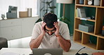 Home, tired or man with headache in call center overwhelmed by telecom deadline, burnout or remote work. Severe pain, fatigue or overworked sales agent exhausted with networking service or migraine