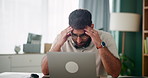 Home, headache or man with laptop in call center overwhelmed by telecom deadline, burnout or stress. Mistake online, migraine pain or annoyed sales agent frustarted by network service in remote work