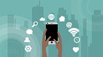 Illustration, city and hands with cellphone or mobile app icons for internet connection, networking and communication. Abstract, person and social media with website or online research on smartphone