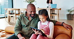 Homework, dad and girl with tablet, elearning and conversation for internet, advice or help. Apartment, family and father with daughter, tech or digital app for project, teaching or child development