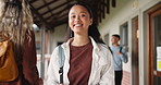 Portrait, student and woman in school corridor, education and learning on campus. Knowledge, project and female person with backpack, smile and college for academic for information in academy