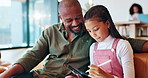Homework, dad and girl with tablet, education and conversation for internet, advice or child development. Help, family and father with daughter, tech or digital app for project, teaching or elearning