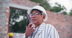 Outdoor, walkie talkie and woman with engineering, construction site and planning with inspection. Person, employee and worker with hard hat, radio and project management with building contractor