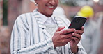 Hands, architect and phone at construction site for smile, text or contact with city board for contract. Woman, person and urban development on smartphone with notification for deal for property sale