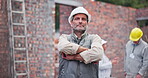 Portrait, man and construction manager on site, architect and hardhat for protection. Property developer, low cost housing or community for charity, mature male person or arms crossed for real estate