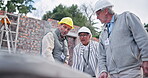 Architects, talk and meeting for floor plan in house, project and collaboration on construction site. People, engineers and speaking for inspection of infrastructure, renovation and team for build