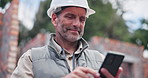 Man, architect and phone at construction site with texting, contact and approval from city board for expansion. Mature contractor, person and happy on smartphone, email and deal for urban development