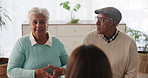 Discussion, financial advisor and elderly couple in office apply for retirement finance assistance. Conversation, document and female investment consultant with senior people for pension fund savings