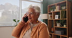 Senior, woman and happy with phone call in retirement for communication, gossip and mobile chat in home. Elderly, person and talking on smartphone for pension loan, funeral insurance or investment