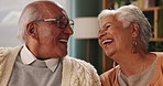 Senior couple, relax and laughing in house with love in retirement for marriage, happiness and funny. Elderly people, joke and smile on sofa in living room with care, support and trust for bonding