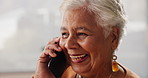 Senior woman, laughing and phone call in house with happiness for conversation, funny and good news. Elderly person, smartphone and speak with smile or excited for gossip, chat and invite to reunion