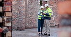 Tablet, research or people planning in construction site for building architecture or engineering inspection. Teamwork, developer or builder with outdoor maintenance tutorial, steps or contractor