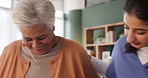 Old woman, nurse and walker for recovery in home, helping and support for balance in healthcare. Elderly person, caregiver and rehabilitation for arthritis treatment, speaking and walking assistance