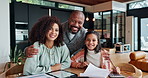 Interracial, family and happy in home on portrait with bonding for care, support and trust. Parents, kid and smile with mathematics homework or remote work with fun for teaching and learning