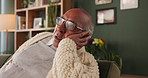 Thinking, stress or tired old man with depression in living room of retirement home with dementia. Abandoned, senior or lonely elderly person on sofa with sad memory nostalgia, fatigue or alzheimer