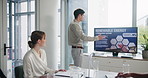 Man, screen and proposal in office for business people on renewable energy, global impact and sustainability. Meeting, technology and discussion or presentation for investment and public relations.