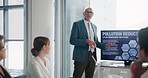 Businessman, people and screen in office for presentation on pollution reduction for reputation management and innovation. Meeting, corporate sustainability and discussion for environmental impact.