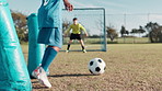 Soccer ball, goal and children with net for training, workout and exercise for practice, learning and fitness. Sports, field and kids with coach and equipment for playing games, match and competition