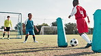 Soccer, sports and children with net for training, workout and exercise for practice, learning and fitness. Ball, field and kids with defense and equipment for playing games, match and competition