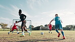 Stadium, coach and children for football for kick, practice and exercise for sport competition. Soccer field, goalkeeper and trainer with players for training, shooting or motor coordination for game