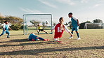 Kick, football player and children in stadium for score, practice and exercise for sport competition. Soccer field, goalkeeper and kids athletes for training, shooting and motor coordination for girl