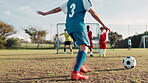 Children, soccer and goal defender with goalkeeper, people and shooter for students league or game. Exercise, athlete and fitness kids competition for sports on football field, running and post