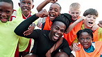 Face, group and coach with celebration, soccer or achievement with champion, tournament or cheering. Portrait, kids or children with sports, training or football game with players, excited or contest