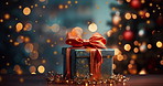 Box, Christmas present and bokeh for luxury shopping, festive wellness or seasons greetings. Gift, holiday celebration or confetti for lifestyle event or cardboard package at night, magic in December