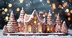 Gingerbread, house and snow on Christmas holiday with bokeh sparkle, cookie and tradition dessert of festive. Home, cake and sugar dust for creative, design or celebration of winter wonderland party