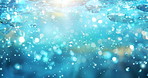Water, particles and dust animation with underwater, ocean and blue glow with floating dots and illustration. Bokeh, graphic and light with motion and stream with sparkle, flowing drops and circles