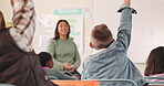 Asian woman, teacher and question for lesson in classroom, education and pupils for answer to knowledge. Female person, students and teaching solution or problem, hand raised and support for lecture