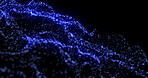 Animation, data stream and network flow with blue particles on black background for communication. Connectivity, future and graphic with cloud computing or information technology in dark cyberspace