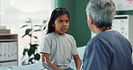 Girl, doctor and talking in hospital for health, wellness and medical advice with consultation or checkup. Child, pediatrician and sick with symptoms in clinic for diagnosis and healthcare assessment