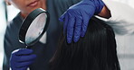 Magnifying glass, woman and doctor with hair in clinic, diagnosis and haircare for patient and consultation. Texture, damage and burning of scalp, hand and inspection of infection by trichologist