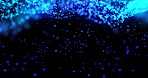 Animation, connection and data stream with blue particles on black background for communication. Future, graphic and network flow with cloud computing or information technology in dark cyberspace