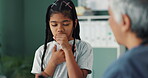 Girl, doctor and stethoscope in hospital for lungs, heart and health with checkup, breathe and listening. Child, pediatrician and chest exam in clinic for cardiology, asthma and healthcare assessment