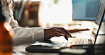 Girl, hands and typing on laptop in home office for planning, writing email and report for creative content or work. Woman, online and drafting or copywriting for information sharing and blog post.