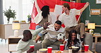 Friends, watching tv or celebrate winning football match, sport or support team with Switzerland Flag. Television, soccer or group of excited people high five for world cup, goal or diversity at home