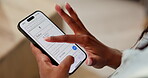 Home, hands and typing in phone screen for online booking, select date and destination for vacation. Girl, website and mobile app for available flight, registration and travel for holiday in Dubai