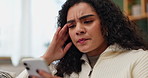 Home, stress and woman with smartphone, headache and scam with fake news website, mistake and shocked. Person, 404 error and girl with cellphone, online fraud and cybercrime with app and frustrated