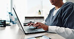 Nurse, typing and laptop for prescription in office, medical report and website for feedback with patient. Computer, hands and healthcare professional for results, email or female person for medicare