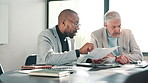 Business people, men and documents for planning, meeting and chats for financial income. Teamwork, consultant and broker with report, feedback and cooperation with support, discussion and review