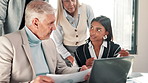 Business people, teamwork and ceo on laptop for training, planning or discussion in startup. Collaboration, meeting or group on computer for project with finance manager coaching worker with document