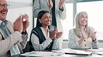 Presentation, applause and business people in office with celebration, achievement or success. Happy, clapping hands and team of professional employees in meeting for results in workplace boardroom