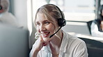 Employee, woman and computer at call center with smile for customer support and service. Office, crm and happy as advisor or consultant in conversation, telemarketing and advice at help desk