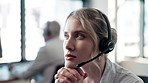 Call center, woman and thinking on microphone for consulting, help desk and advice for customer service. Telemarketing, female agent and support for business crm, FAQ questions and about us in office